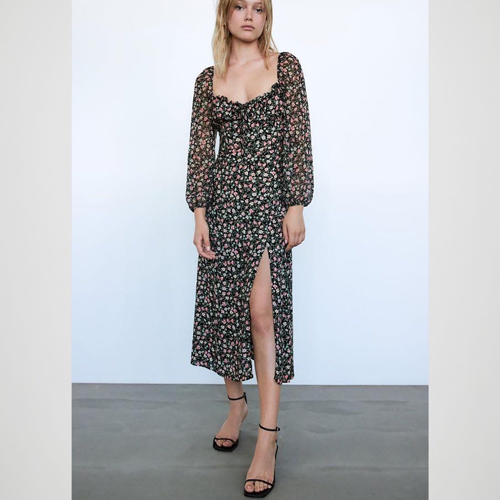 Zara Black Floral Midi Dress with Pink and Green Print